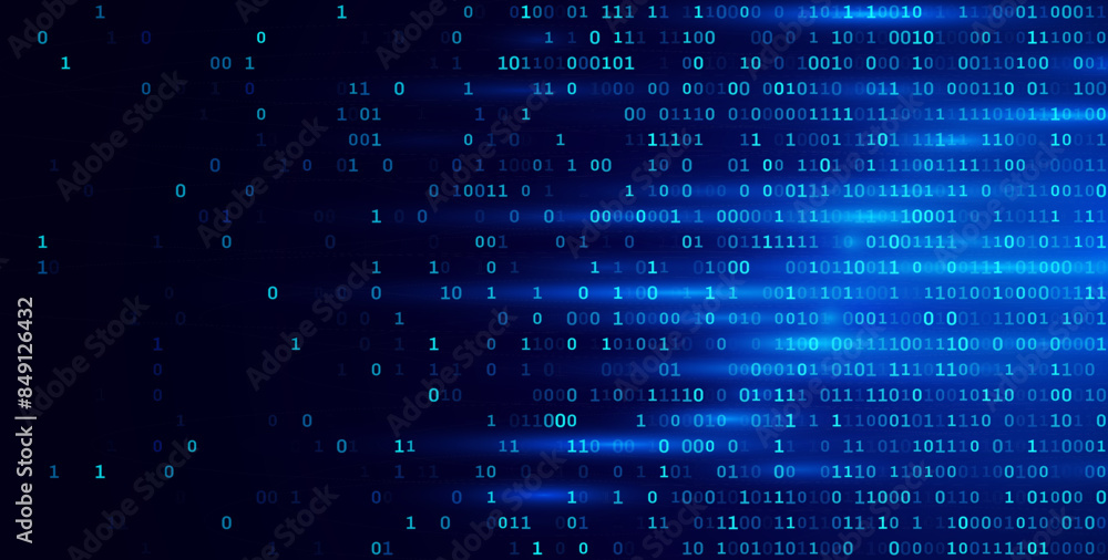 Fototapete Blue Binary Data Software Programming Code Background. Random Parts of Program Code. Digital Data Technology Concept. 1 0 Machine Code. Random Binary Data Matrix Wide Vector Illustration.