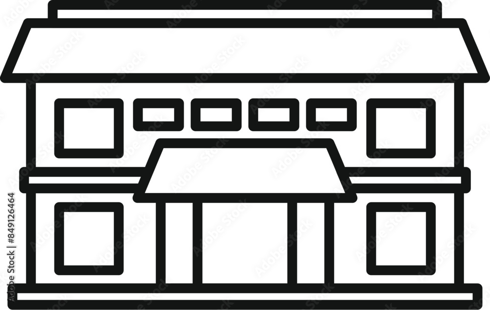Poster line drawing of a two storey building with a large canopy entrance, suitable for representing a shop
