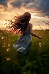 Obraz premium Young woman in a dress running through a field at sunset. Back view. Nature and freedom concept