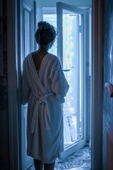 A woman in a white robe stands in front of a door. The room is dimly lit, and the woman is waiting for someone