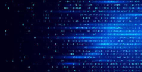 Blue Binary Data Software Programming Code Background. Random Parts of Program Code. Digital Data Technology Concept. 1 0 Machine Code. Random Binary Data Matrix Wide Vector Illustration.