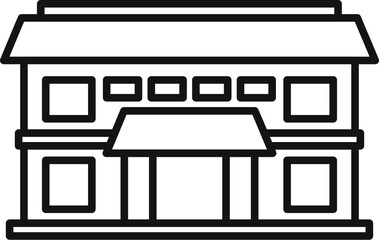 Line drawing of a two storey building with a large canopy entrance, suitable for representing a shop, restaurant or hotel