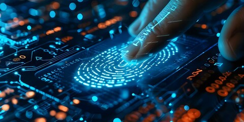 Business professionals using futuristic digital fingerprint scanner on blue interface. Concept Futuristic Technology, Digital Security, Biometric Devices, Business Innovation, Interface Design