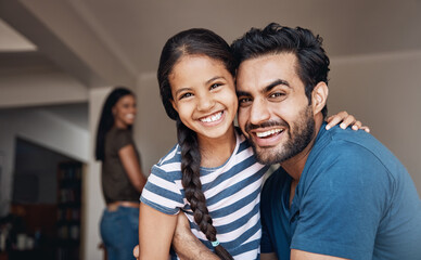 Fototapeta premium Portrait, happy dad and hug kid for family bonding, care and connection in home together. Face, laughing and father embrace girl child in house for support, trust and love of parents in living room