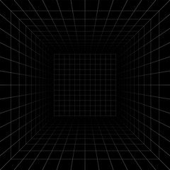 Futuristic perspective grid box. Abstract wireframe with white grid line on black background. Virtual reality landscape in 80s 90s digital style. Vector illustration