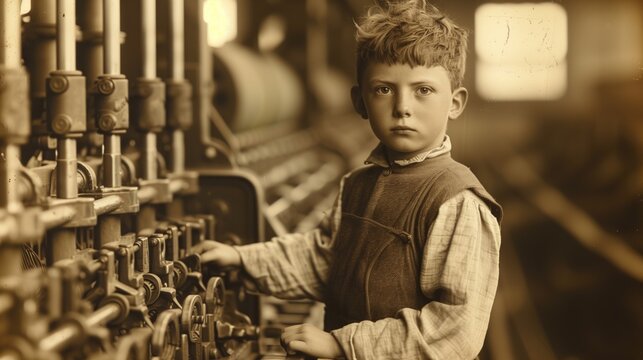 Focused Boy at Machine. A boy with red hair operates industrial equipment in sepia tone. Highlights the challenges of child labor in history.
