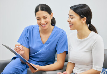 People, women and doctor with clipboard for document or insurance compliance and consultation in...