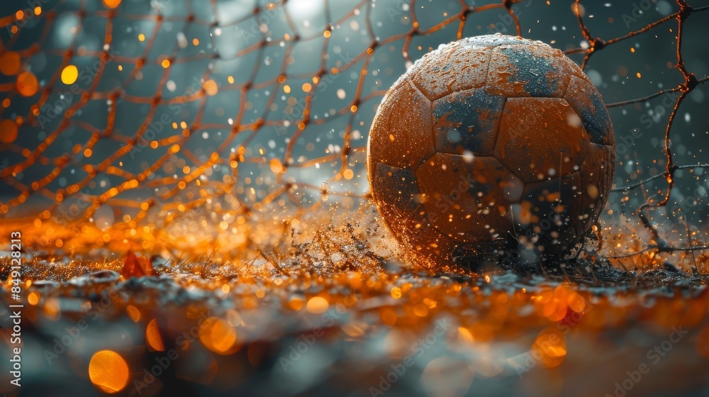 Wall mural A snow-covered soccer ball is captured midway through the net with dynamic splashes and bokeh lighting enhancing the scene