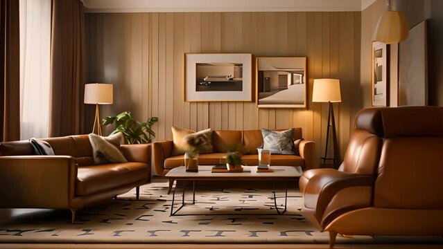 Modern Living Room With Leather Sofas And Floor Lamps Generative AI