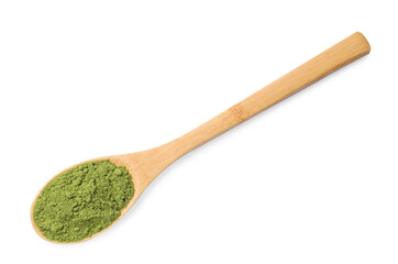 Spoon of green matcha powder isolated on white, top view
