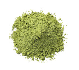 Pile of green matcha powder isolated on white, top view