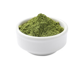 Green matcha powder in bowl isolated on white