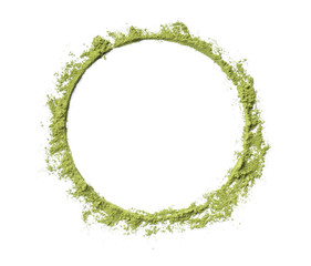 Frame made of green matcha powder on white background, top view