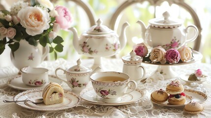 An elegant afternoon tea party. A table set with fine china, lace, and fresh flowers. A teapot, teacups, and plates of pastries.