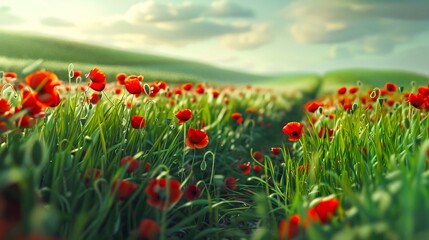 Vivid red poppy flowers blooming in a lush green field under a bright blue sky. AI-generated image perfect for nature-themed content, background design, or desktop wallpapers. AI