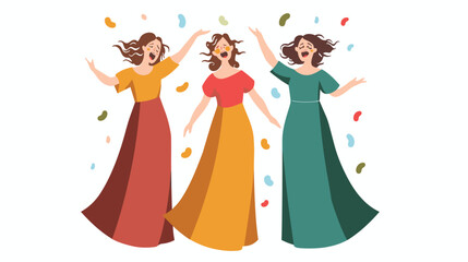 Three joyful women dancing celebrating together amidst colorful confetti, woman wears different colored long dress red, yellow, green, flowing hair. Celebration, happiness, friendship vibrant vector
