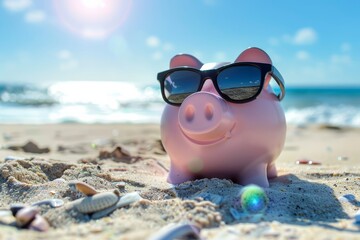 Obraz premium Beach Bum Piggy: Holiday relaxation fuzzy beach background