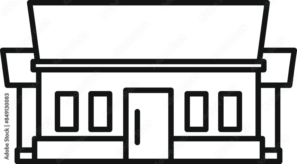 Poster simple line art of a shop building with a big roof and large windows, perfect for representing retai