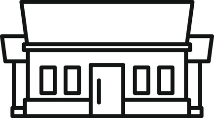 Simple line art of a shop building with a big roof and large windows, perfect for representing retail or commerce