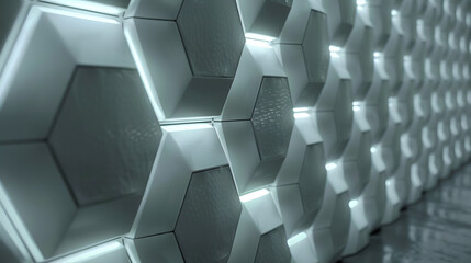 A futuristic 3D wall art piece composed of interconnected hexagonal panels with embedded LED lights, creating a glowing, honeycomb effect