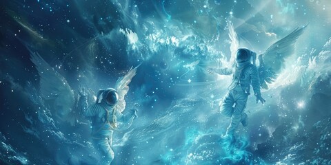 a image of two astronauts in outer space with stars in the background
