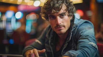Obraz premium Handsome young man with intense gaze playing poker in a casino