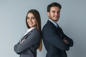 A young businessman and businesswoman stand back to back, isolated on a grey background with copy space, smiling with confident facial expressions. The portrait depicts male and female executives in s