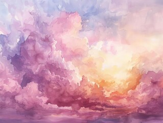 Fototapeta premium Pastel gradient sky with soft clouds, dreamy atmosphere, watercolor painting