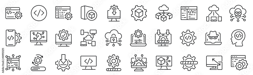 Wall mural set of 30 outline icons related to software. linear icon collection. editable stroke. vector illustr