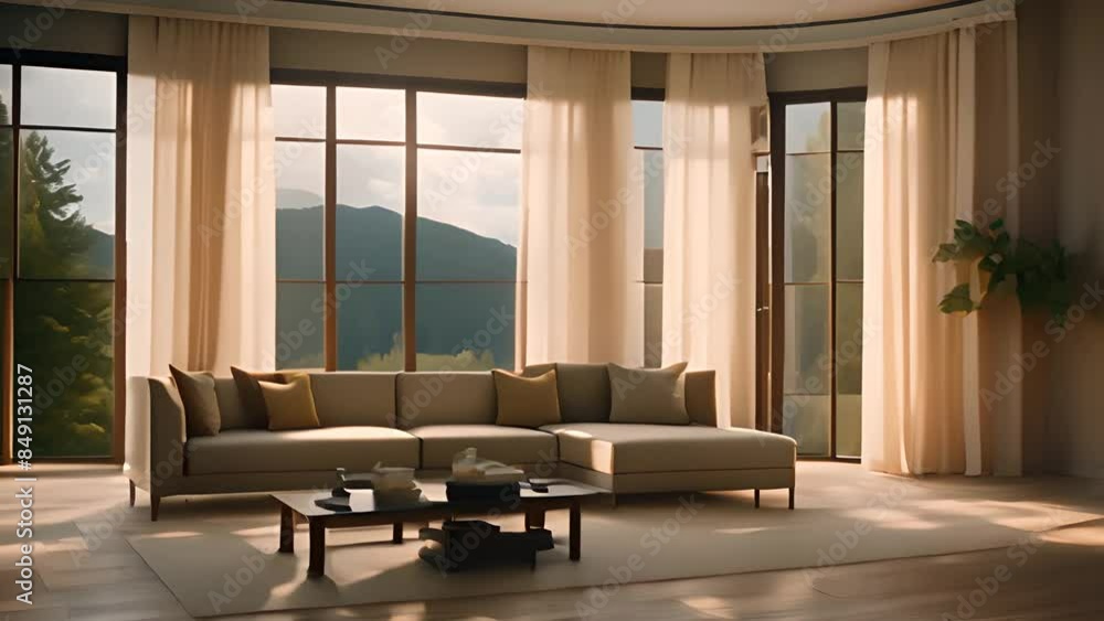 Poster modern sectional sofa with mountain view generative ai