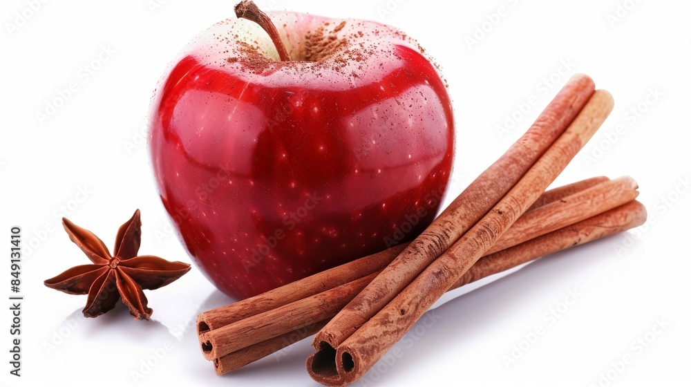 Canvas Prints Fresh red apple with cinnamon sticks and star anise on white background. Great for cooking, baking, and culinary-themed projects. A visually appealing and vibrant image 