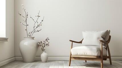 The serene elegance of a living room interior featuring a comfortable armchair and tasteful furnishings, set against a pristine white wall, captures a harmonious blend of comfort and style.