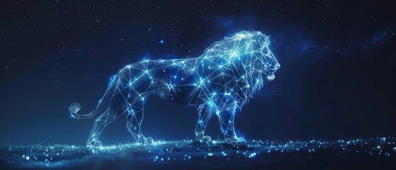 Abstract blue glowing lion with a starry mane.