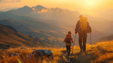 Obraz premium Family with father mother and kids trekking together at beautiful natural mountain in summer holiday.
