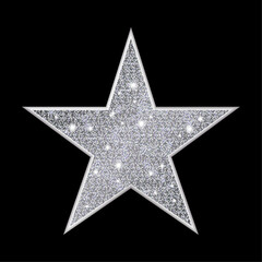 Luxury silver star with sparkles and shimmer on a black background. Vector stock illustration.