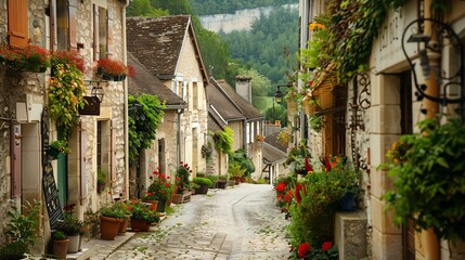 Charming narrow street in a small French village. The street is lined with old stone houses adorned with colorful flowers.