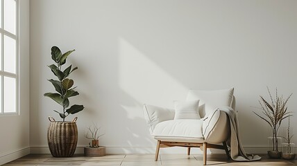 The serene elegance of a living room interior featuring a comfortable armchair and tasteful furnishings, set against a pristine white wall, captures a harmonious blend of comfort and style.