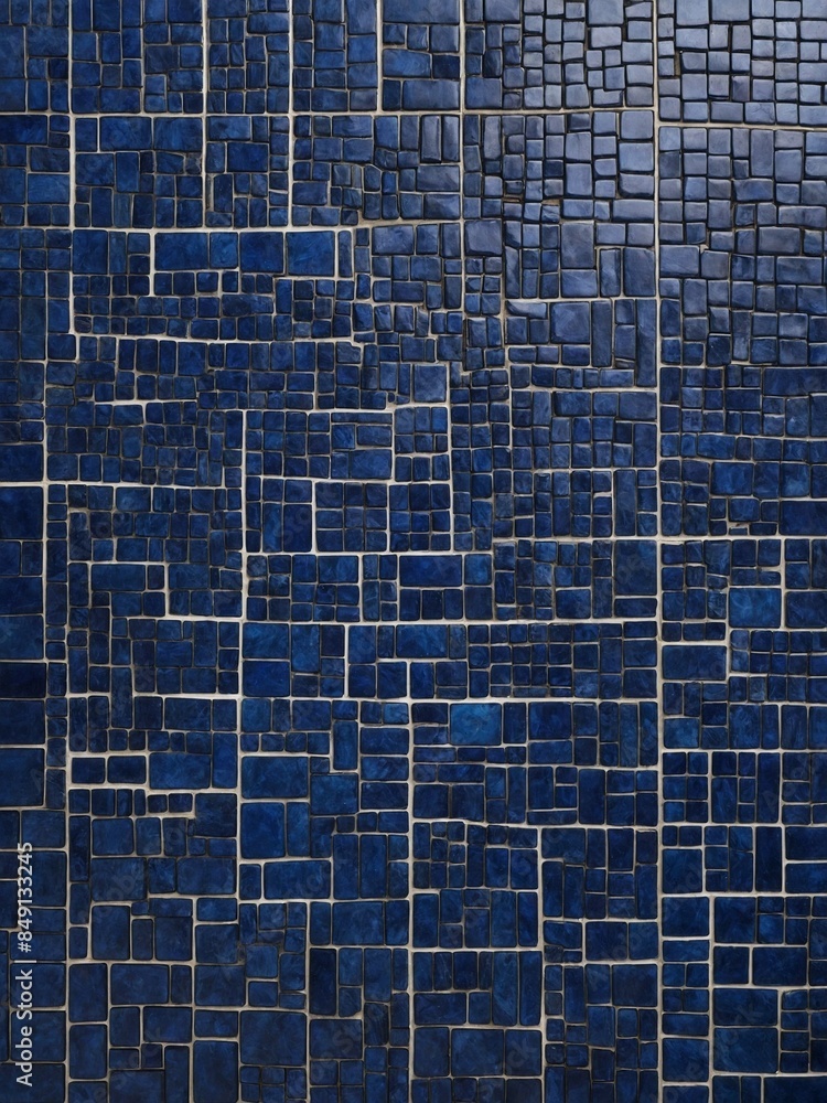 Poster image displays close-up of wall covered in blue mosaic tiles of varying shades, sizes, creating abst