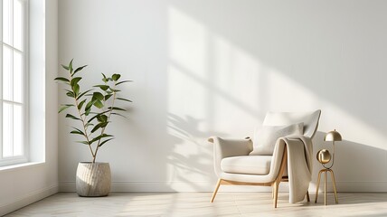 The serene elegance of a living room interior featuring a comfortable armchair and tasteful furnishings, set against a pristine white wall, captures a harmonious blend of comfort and style.