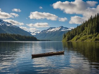 Obraz premium Serene lake mirrors clear sky, mountainous backdrop, with lone wooden canoe floating near center. Calm water mirrors surrounding lush greenery.