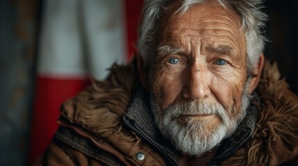 The image shows a person wearing a warm jacket with their face intentionally obscured, focusing on the outfit