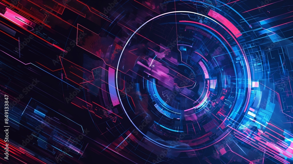 Poster abstract technology background with a blend of holographic elements and digital interfaces, using br
