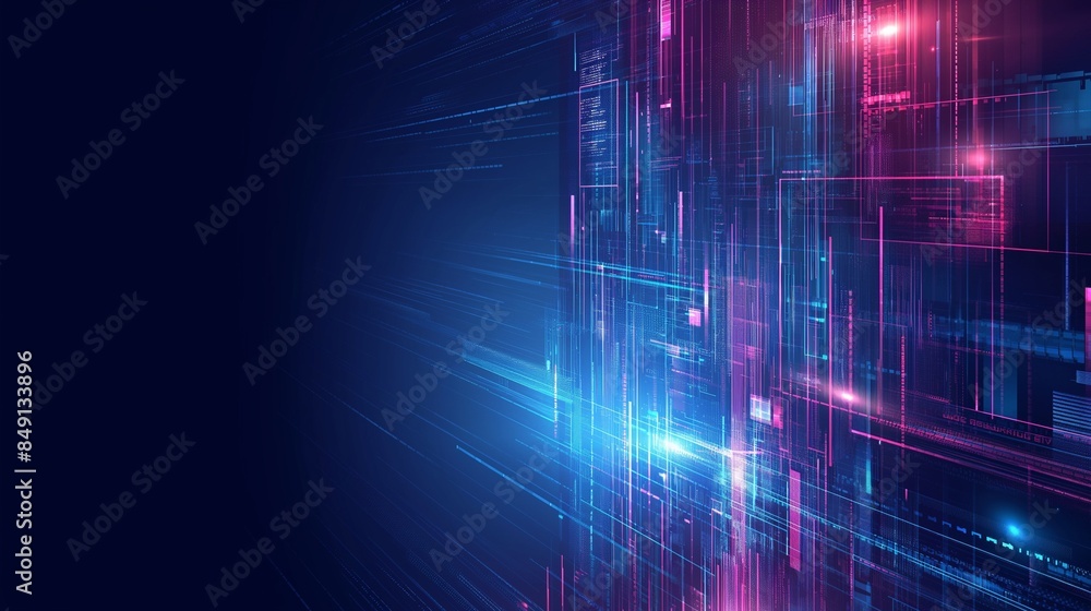 Poster abstract technology background with a blend of holographic elements and digital interfaces, using br