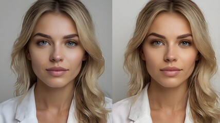 Close-up of beautiful woman's face before and after make-up - showing how makeup can change overall facial appearance, or how photo retouch transform model beauty