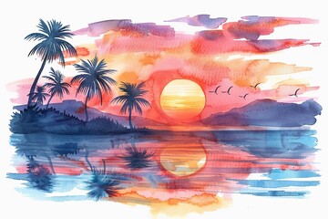 A peaceful beach clipart, island travel element, watercolor illustration, pastel, isolated on white background