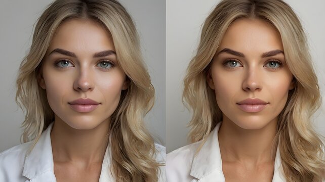 Close-up of beautiful woman's face before and after make-up - showing how makeup can change overall facial appearance, or how photo retouch transform model beauty