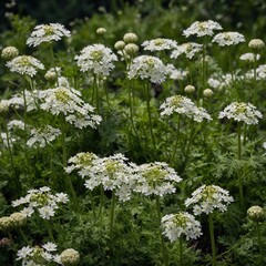 Cluster of white flowers takes center stage against backdrop of green foliage, creating captivating garden scene. Blooms, buds in various stages of life cycle add depth to image. Flowers.
