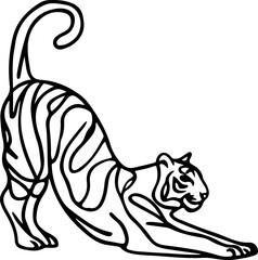 Minimalist line drawing of a tiger stretching