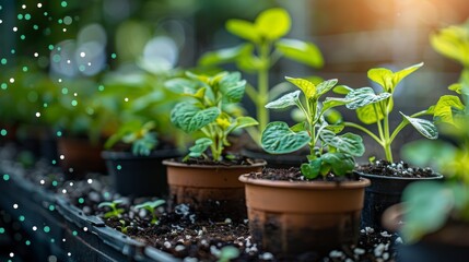 Fresh green seedlings flourish in terracotta pots with visible water droplets and soft bokeh lights