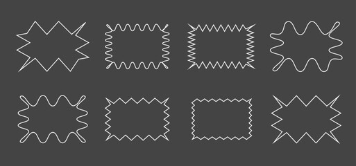 Set of wavy and torn frames. Wave curve edge shape. Zig zag edge rectangle shape set. Hand drawn rectangle borders with jagged edge. Ripped rectangular. Vector illustration isolated on dark background
